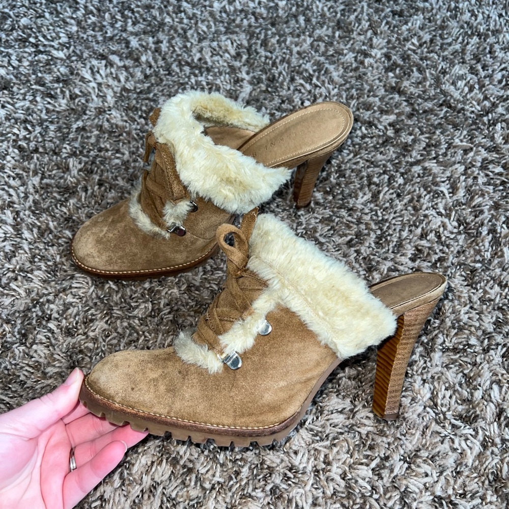 Gianni Bini Fur Lace Up Heel Mules Size 7.5